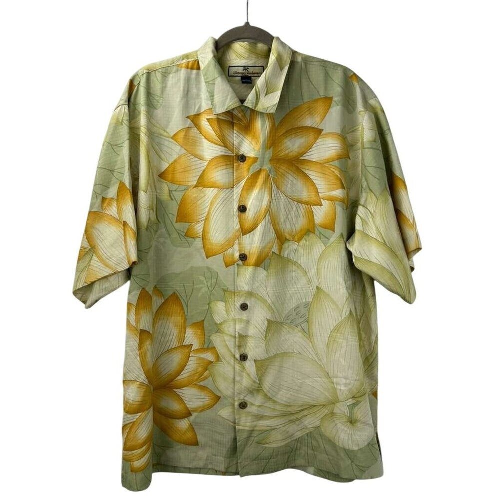 Tommy Bahama Men's L Floral Hawaiian Shirt Green & Yellow Short Sleeve 100% Silk